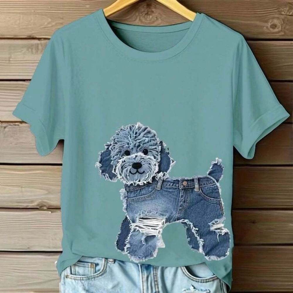 Women’s Casual Light Blue T-shirt Dog Print round neck T-shirt Size M